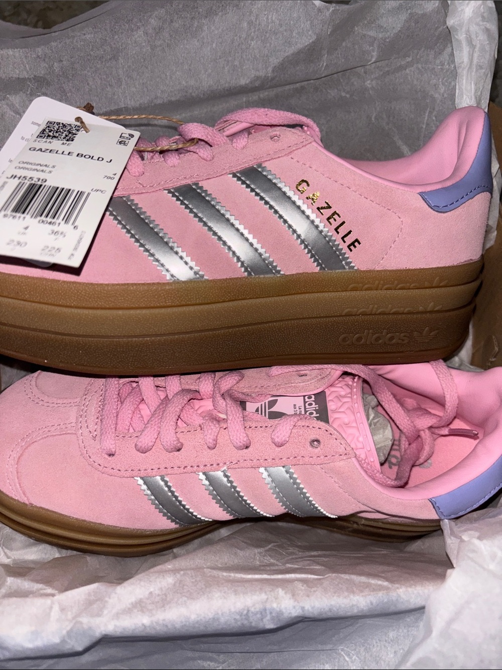 adidas Gazelle Bold Pink Suede Sneakers with Silver Stripes and Gum Sole
